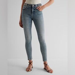 Mid Rise Light Wash Horsebit Skinny Jeans - Size 14 short